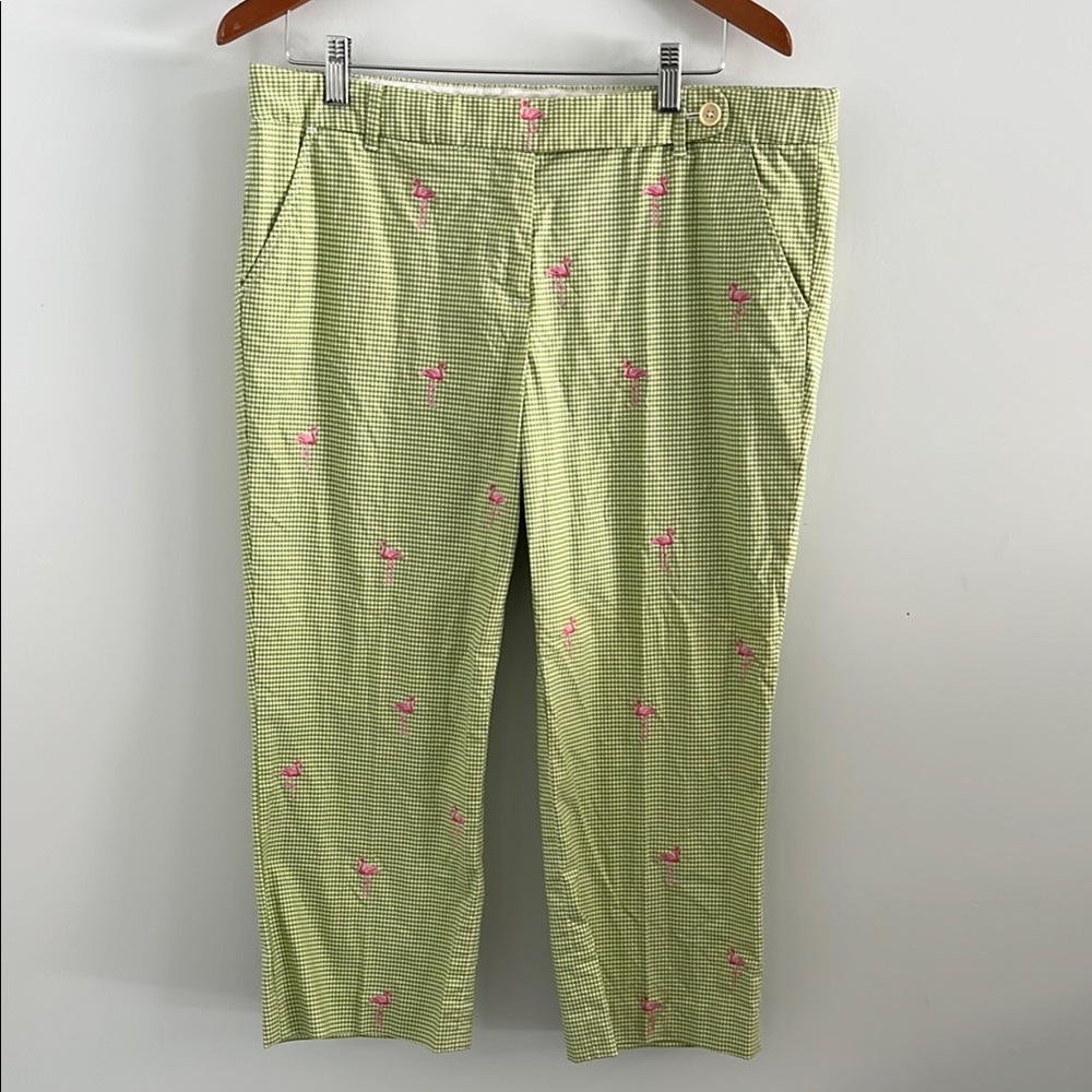 J. crew stretch low‎ fit cropped pants flamingo embroidery green white gingham
